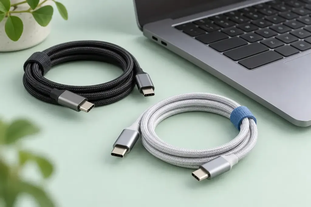 Ilustrasi dua kabel USB-C tanpa merek di dekat laptop.