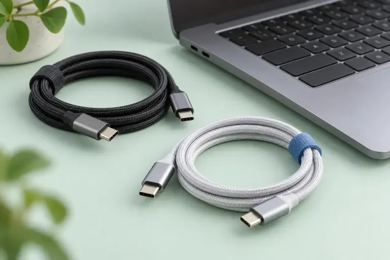 Ilustrasi dua kabel USB-C tanpa merek di dekat laptop.